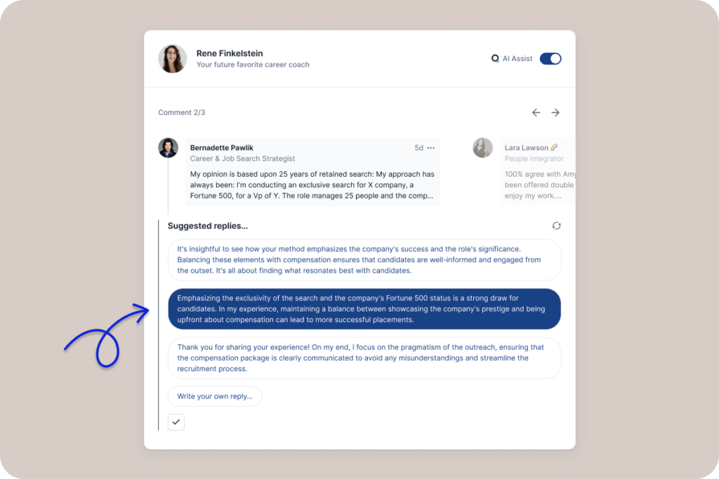 Queue's comment interface, showing a user's post with AI Assist recommended replies, providing thoughtful and balanced responses to a discussion on recruitment strategies.