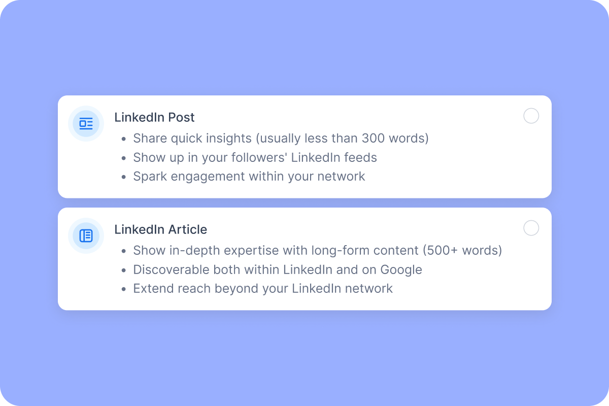 Queue's content strategy comparison between LinkedIn Post and LinkedIn Article. The LinkedIn Post section highlights short-form content for immediate engagement, while the LinkedIn Article section emphasizes long-form content for establishing expertise and extended reach.