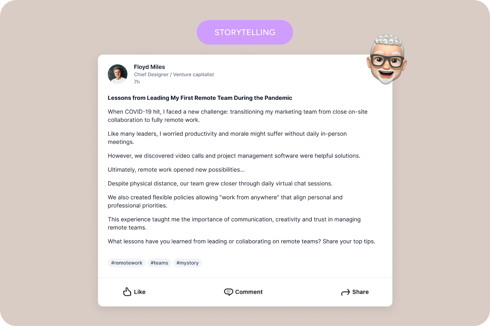 Queue's platform displaying a storytelling-style post, highlighting how Queue facilitates crafting narrative content that resonates with audiences.