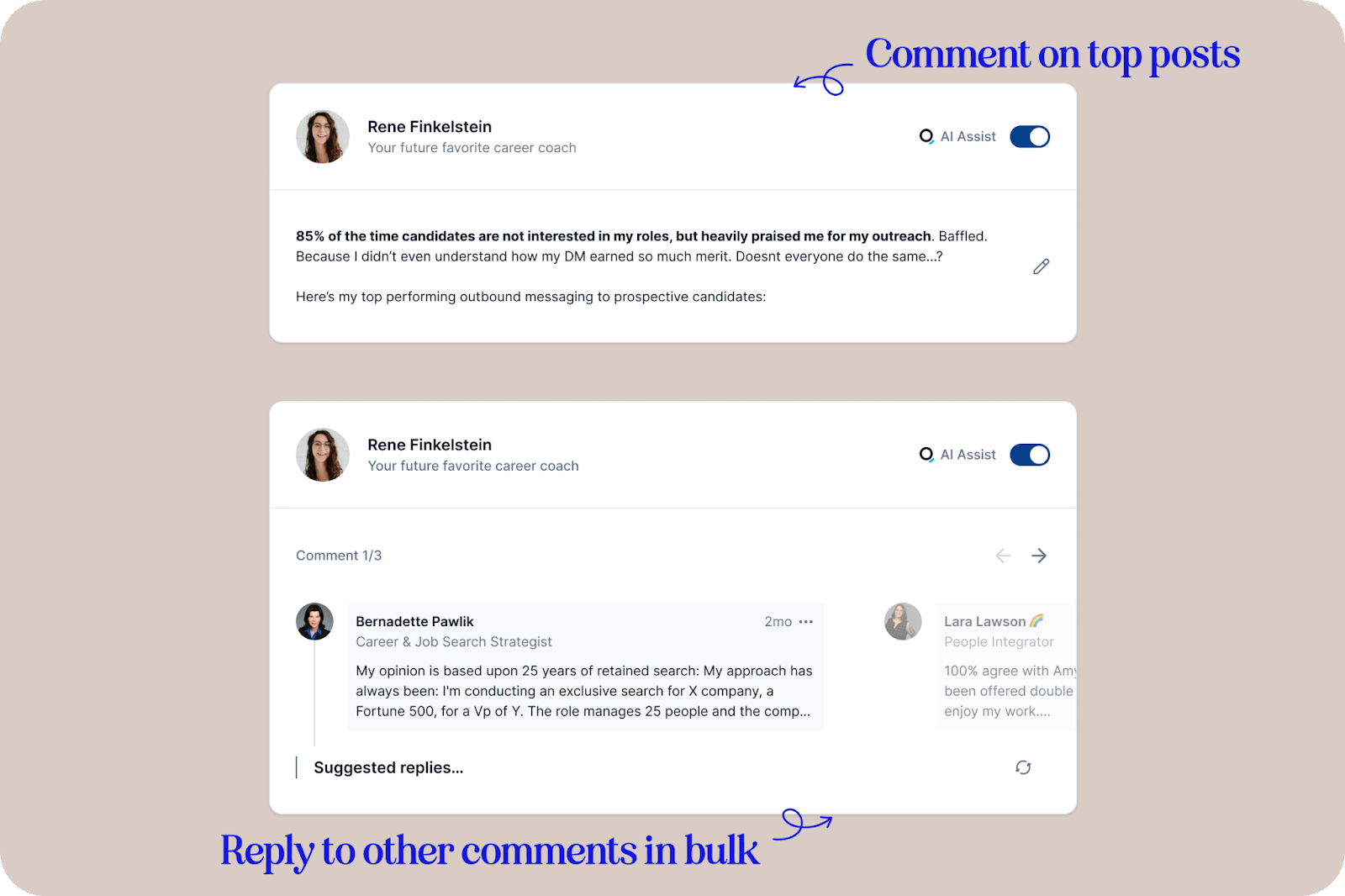 A screenshot of Queue's interface displaying the 'Comment on top posts' feature with two posts from Rene Finkelstein, a career coach, and the option to enable 'AI Assist' for crafting responses, as well as a section to 'Reply to other comments in bulk' with AI suggested replies.