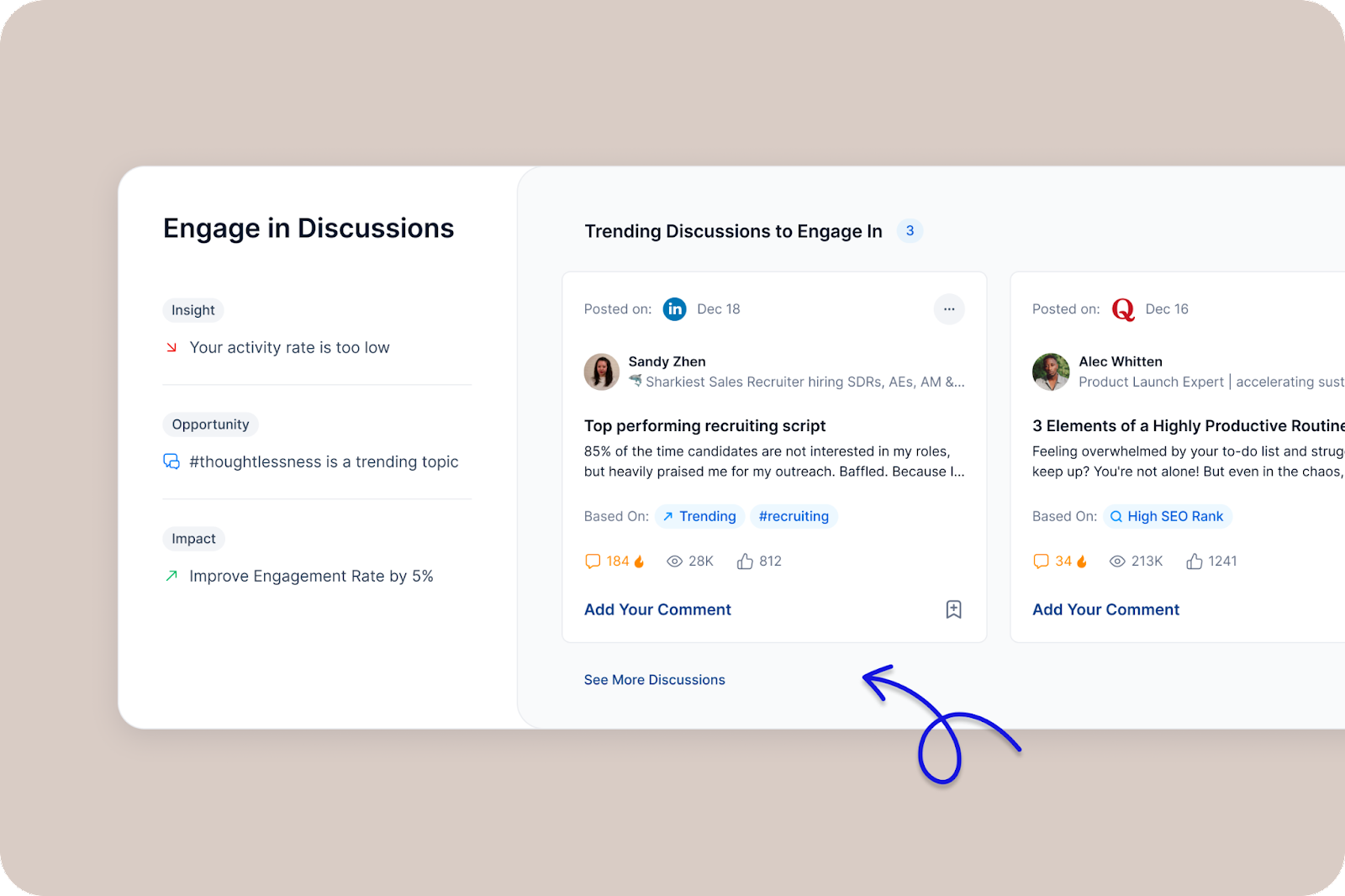 The 'Engage in Discussions' panel on Queue, showing an alert for low activity rate, a trending topic suggestion for engagement, and a goal to improve engagement rate, alongside two examples of trending discussions to engage in.